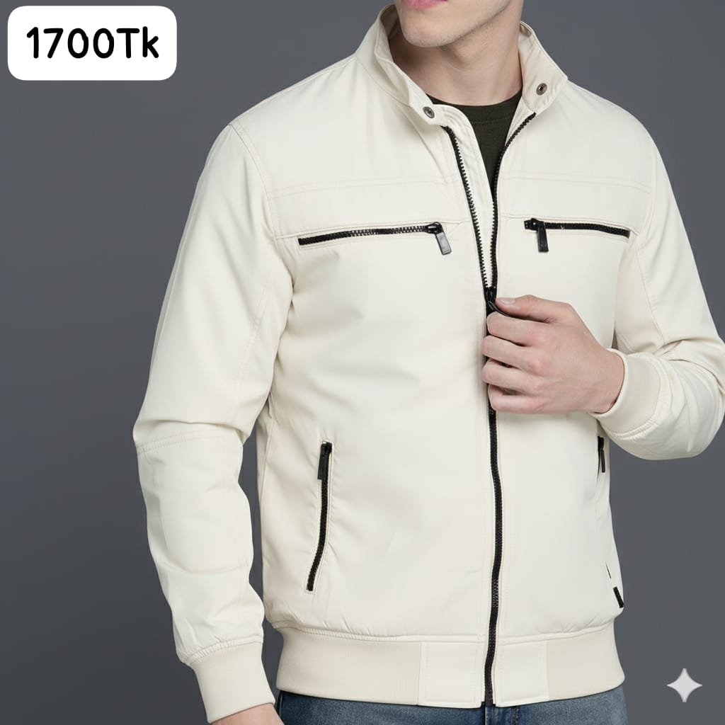 SKN-001: Classic Cream Stand Collar Zippered Jacket