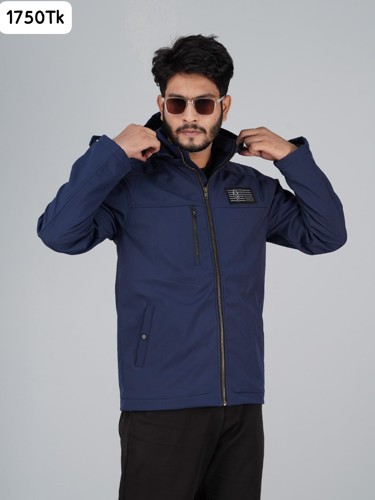 HD-210:Navy Blue Zip-Front Technical Hooded Jacket