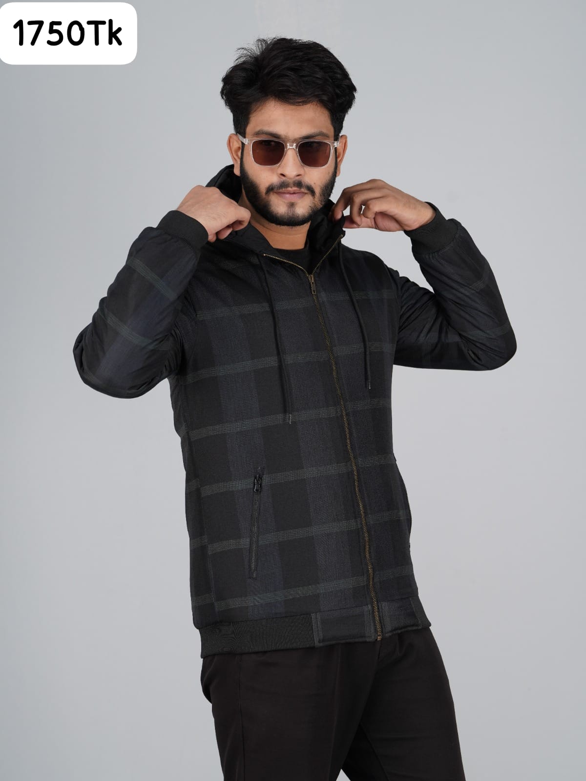 HD-200: Dark Check Casual Hooded Jacket with Ribbed Hem