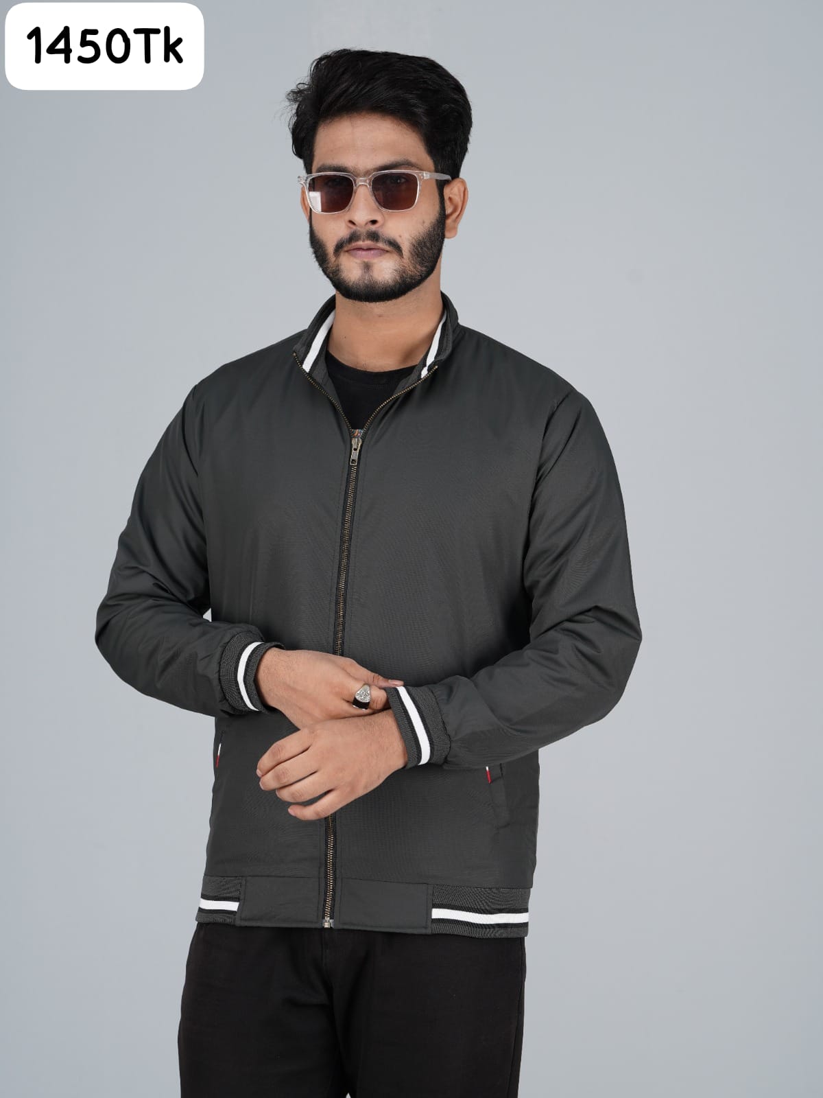 Subtle Dark Grey Casual Jacket with Striped Trim | RP-360