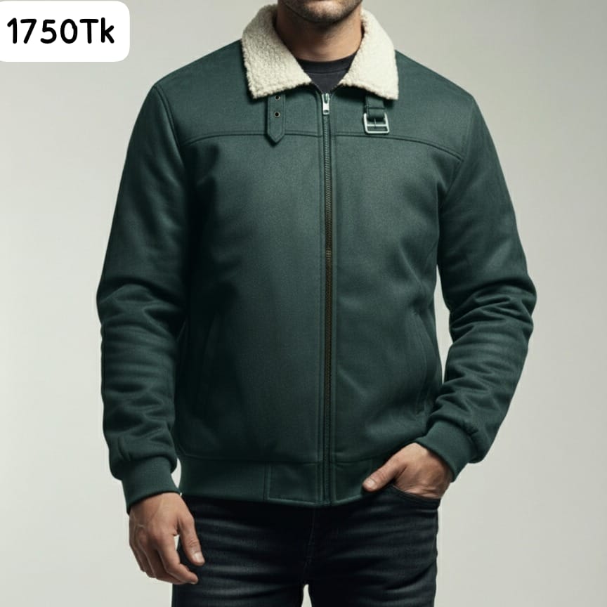 SF-160: Men's Dark Green Bomber Jacket with Cream Sherpa Collar