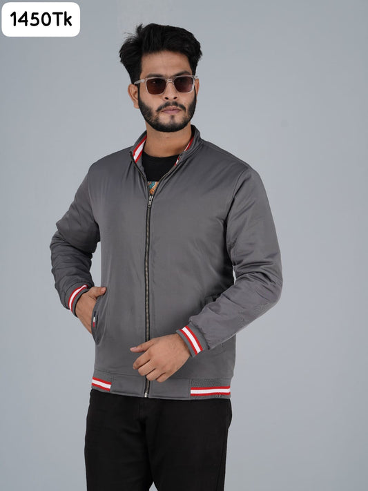 Charcoal Grey Stand Collar Jacket with Red Striped Trim | RP-340