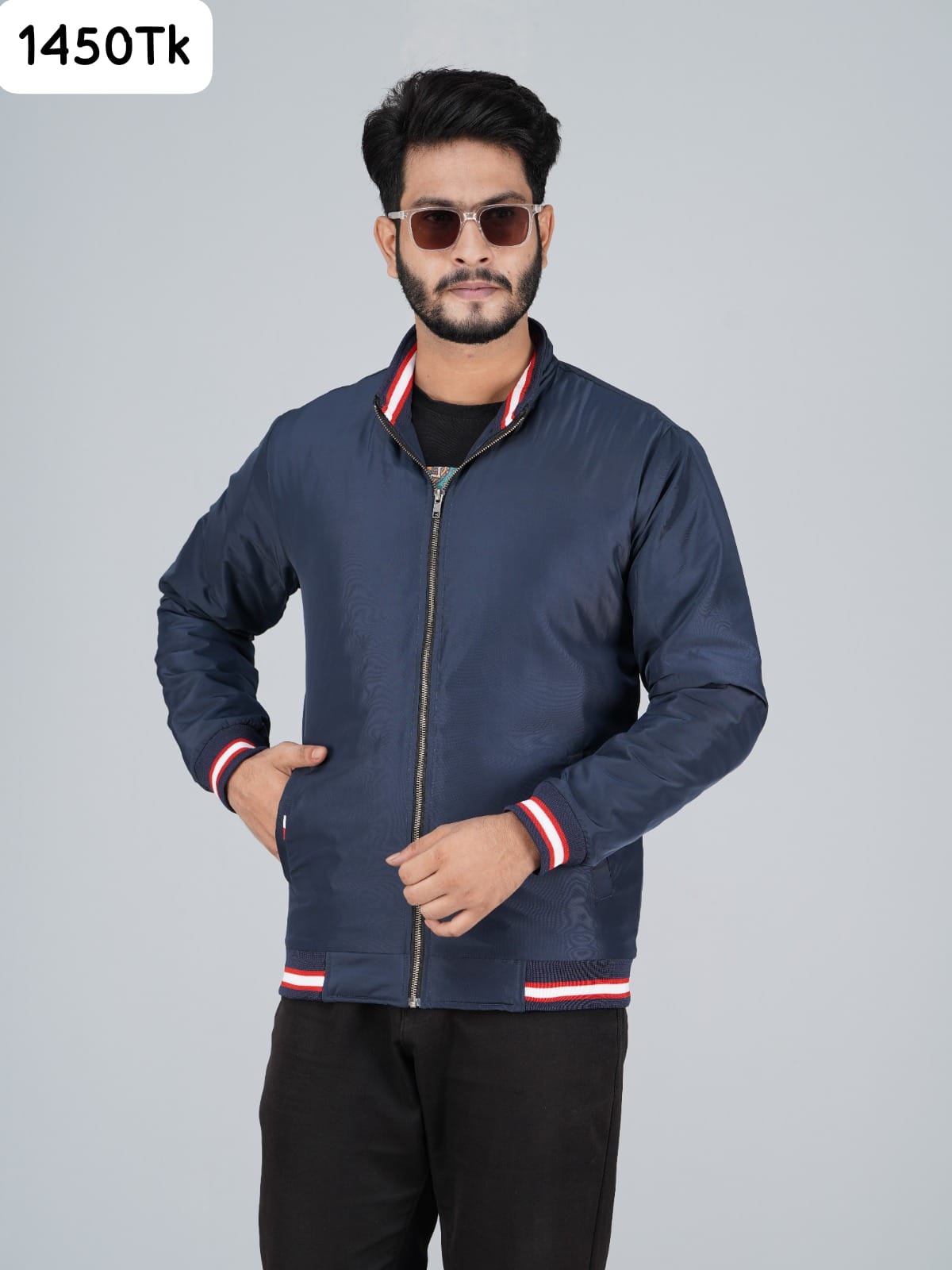 High Neck Navy Blue Jacket with Red & White Striped Cuffs (RP-310)