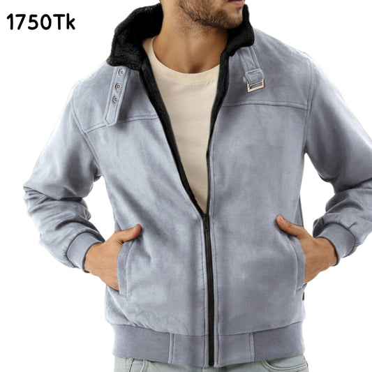 SF-170: Men's Light Grey Suede-Look Bomber Jacket with Black Sherpa Lining
