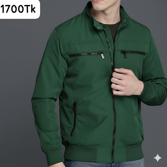 SKN-002: Hunter Green Stand Collar Bomber Jacket with Zipper Pockets