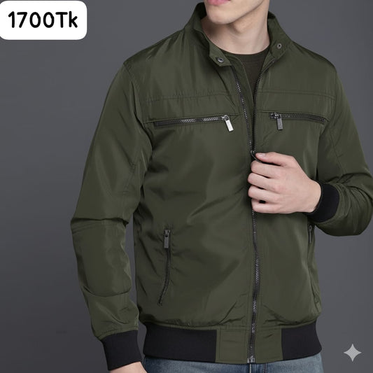 SKN-005: Classic Stone Olive Stand Collar Zippered Jacket