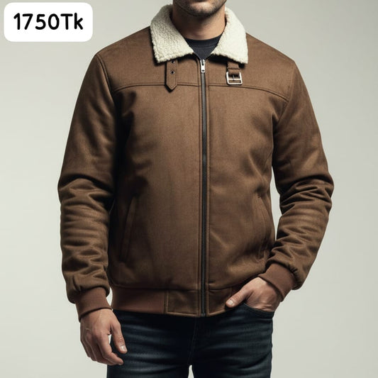SF-175: Men's Brown Suede-Look Bomber Jacket with Cream Sherpa Collar