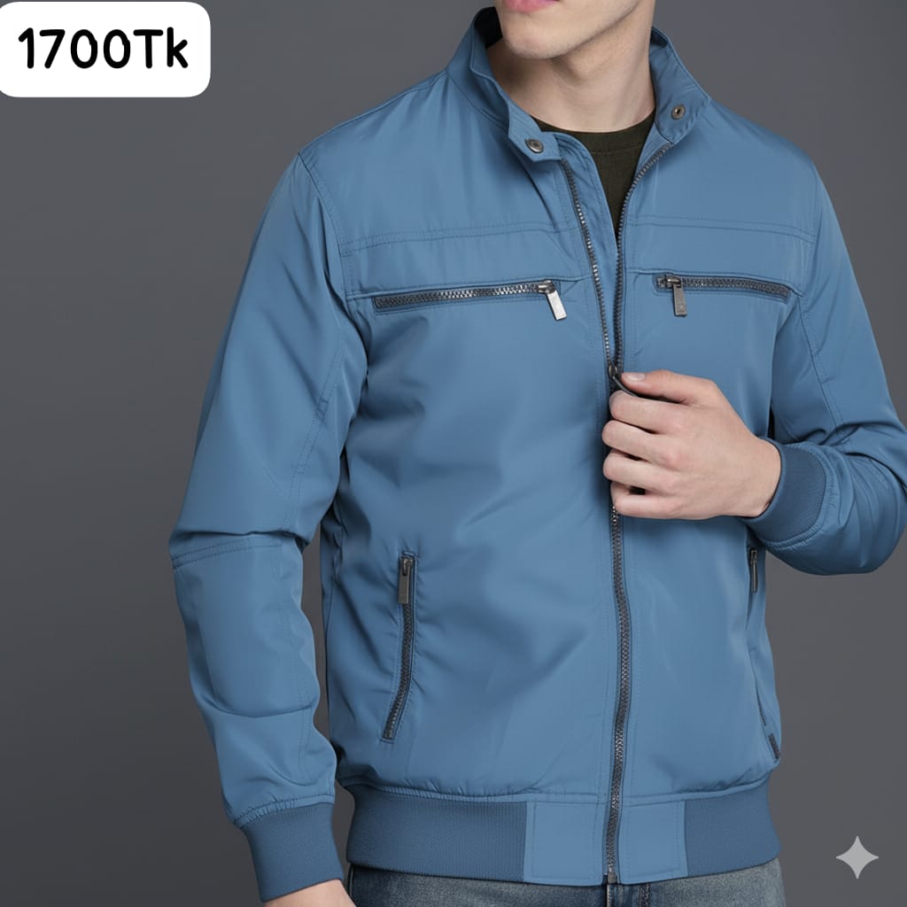 SKN-004: Classic Sky Blue Stand Collar Zippered Jacket