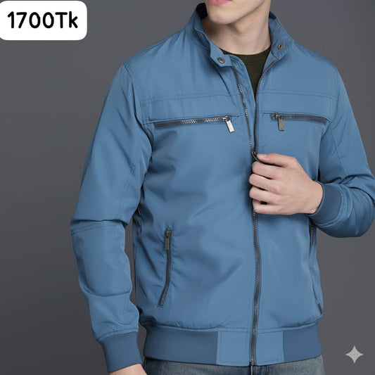 SKN-004: Classic Sky Blue Stand Collar Zippered Jacket