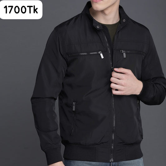 SKN-003: Classic Black Stand Collar Zippered Jacket