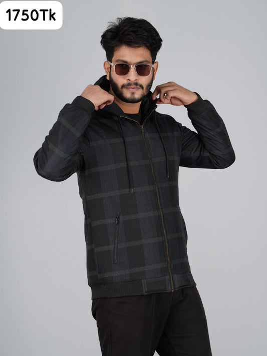 HD-200: Dark Check Casual Hooded Jacket with Ribbed Hem