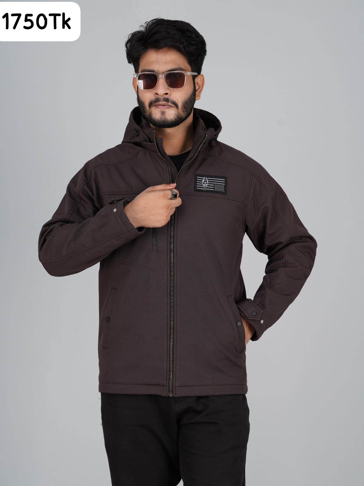 HD-240: Mocha Brown Zip-Front Technical Hooded Jacket