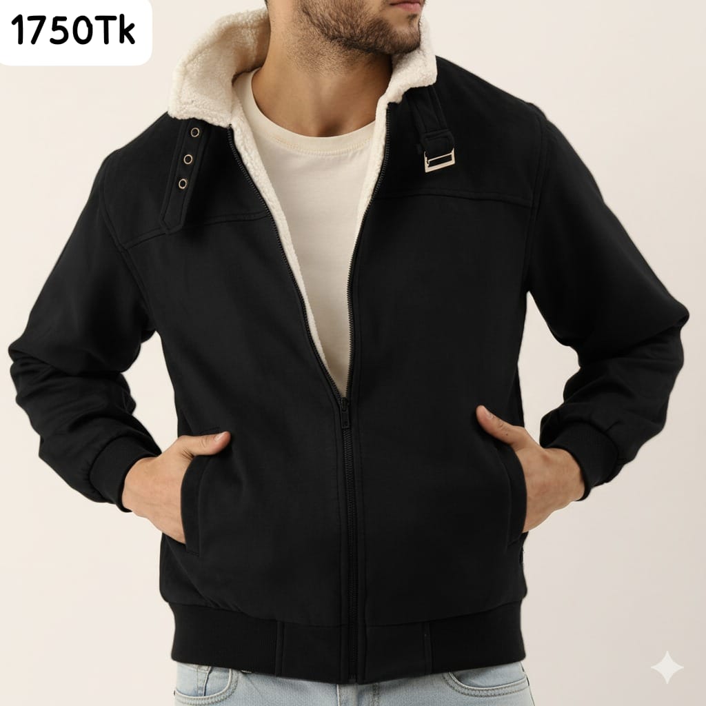 SF-165 | Black Suede-Look Bomber with Cream Sherpa Lining