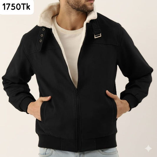 SF-165 | Black Suede-Look Bomber with Cream Sherpa Lining